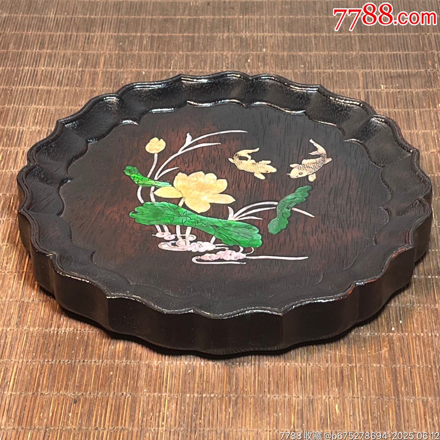 血檀木鑲貝殼雕刻花邊形茶盤茶具收納盤_價格199元【子健老貨】_第5張_