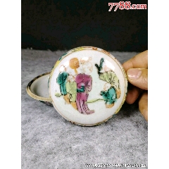 晚清粉彩五子登科人物印泥盒直徑8.5cm