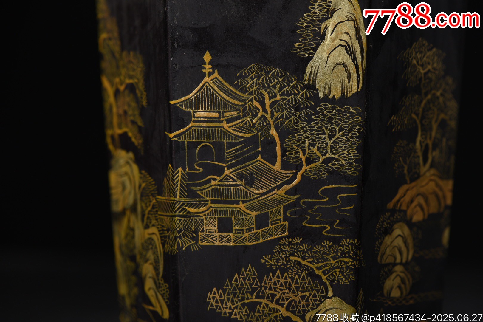 木胎大漆描真金山水圖筆筒_價(jià)格888元【子健老貨】_第2張_