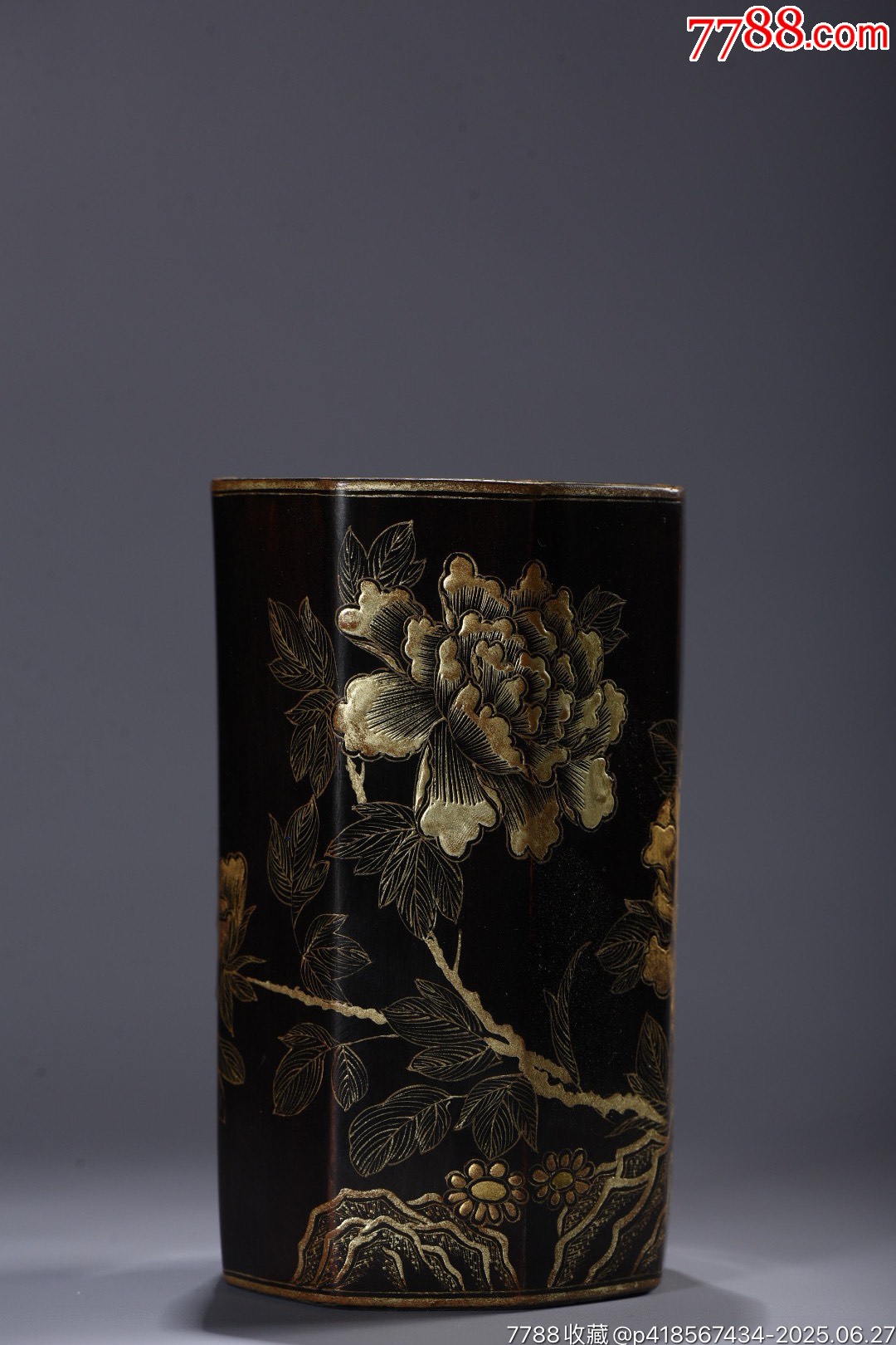 老竹胎描真金漆器花卉紋題詩(shī)筆筒_價(jià)格888元【子健老貨】_第1張_