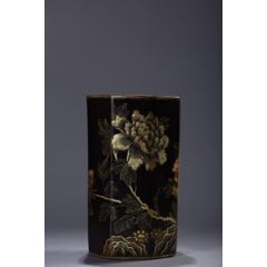 老竹胎描真金漆器花卉紋題詩筆筒(au41739132)_子健老貨