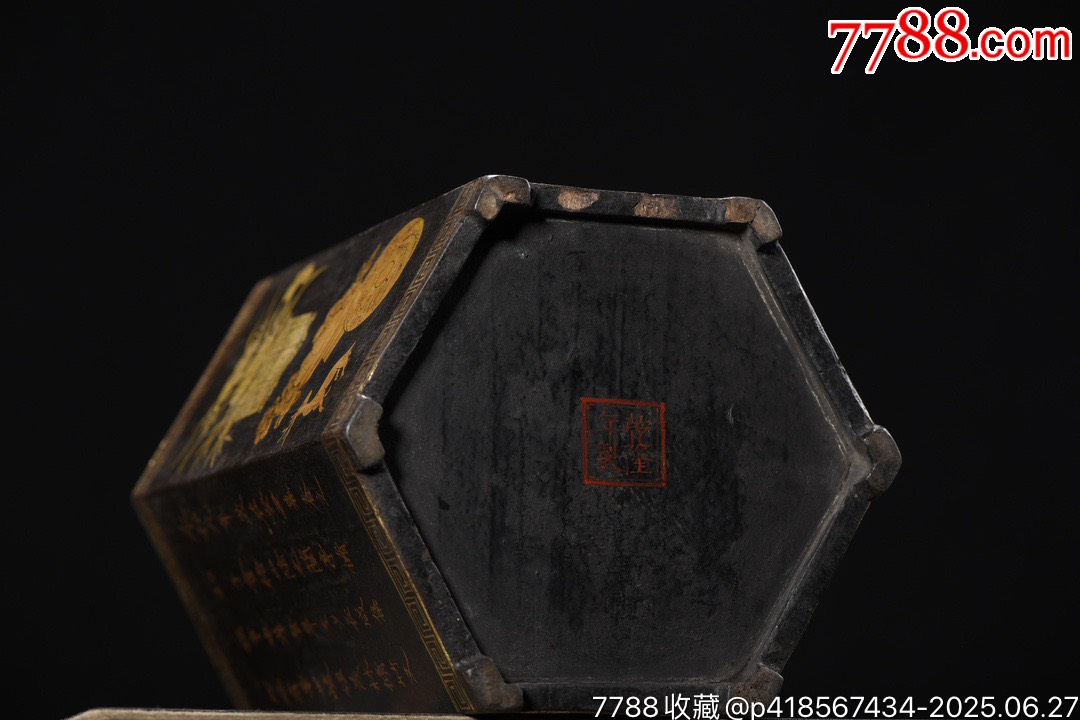 老木胎大漆描真金博古插花紋題詩筆筒_價格1888元【子健老貨】_第9張_