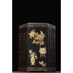 老木胎大漆描真金博古插花紋題詩筆筒(au41739143)_子健老貨