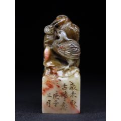 舊藏珍品純手工雕刻壽山石薄意印章?！峨p鶴呈祥》_