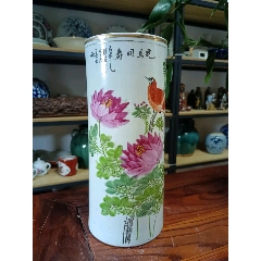 民國(guó)淺絳彩花鳥(niǎo)紋大底帽筒高28.5厘米，口徑12厘米(au41741218)
