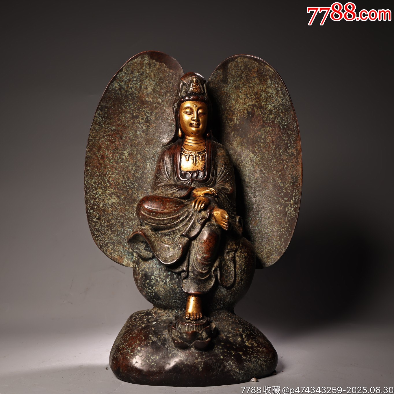 珍品舊藏收明代純銅紫銅高浮雕鏨刻鎏金座天使觀音菩薩佛像一尊_價格6888元【子健老貨】_第1張_