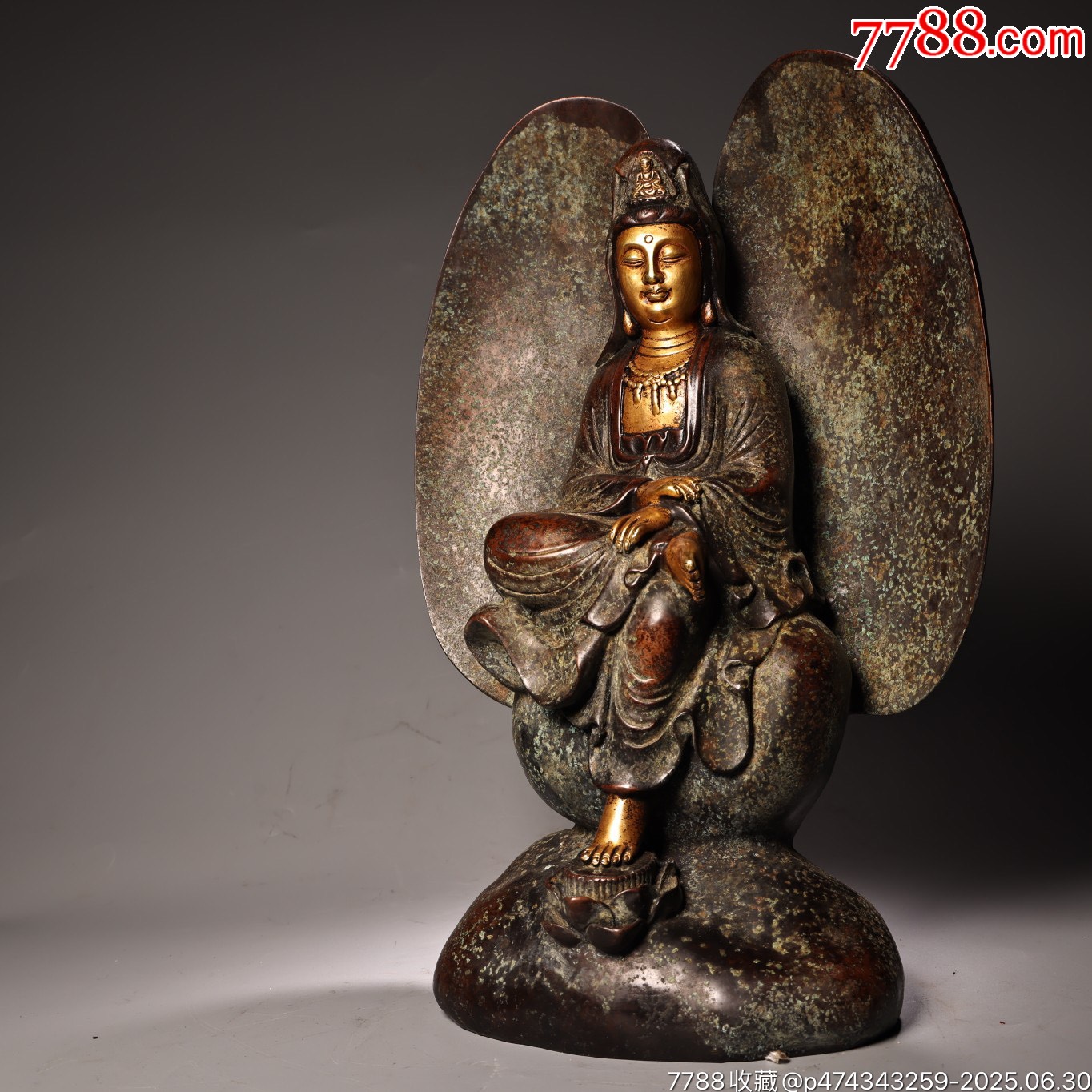 珍品舊藏收明代純銅紫銅高浮雕鏨刻鎏金座天使觀音菩薩佛像一尊_價格6888元【子健老貨】_第3張_