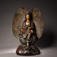 珍品舊藏收明代純銅紫銅高浮雕鏨刻鎏金座天使觀音菩薩佛像一尊(au41765556)_子健老貨
