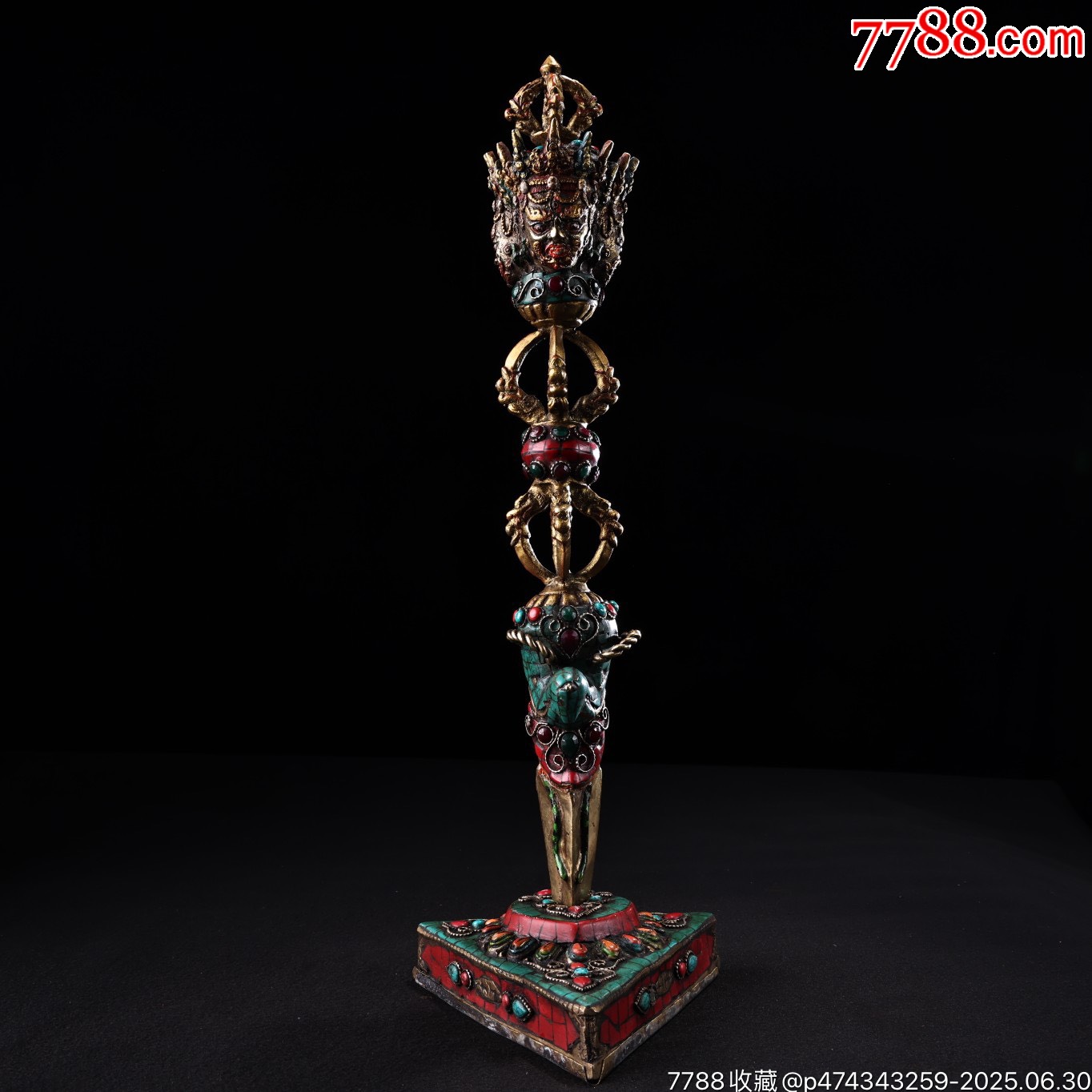 舊藏西藏收純銅藏傳工藝鑲嵌寶石彩繪描金密宗普巴金剛降魔杵法器_價(jià)格1888元【子健老貨】_第1張_