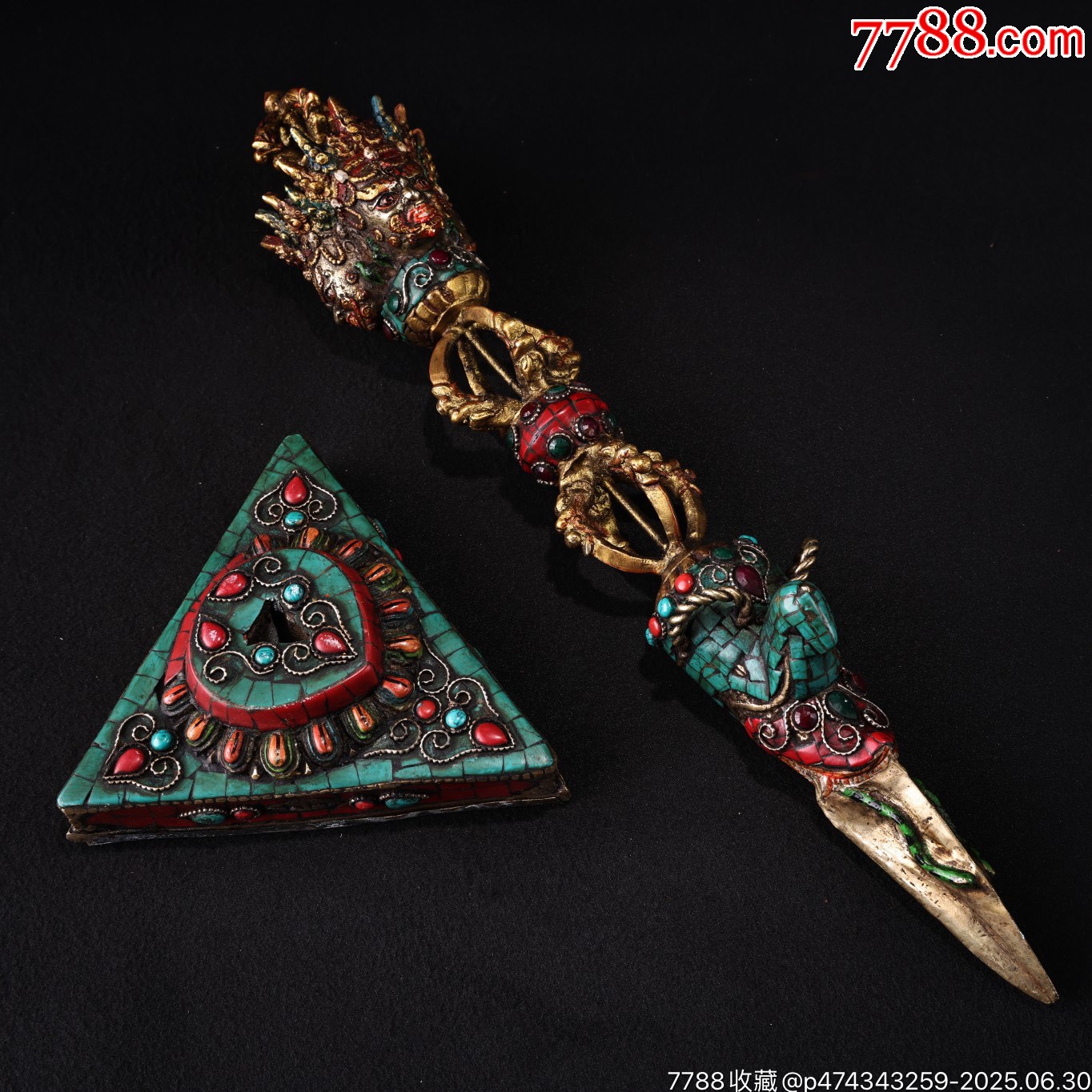 舊藏西藏收純銅藏傳工藝鑲嵌寶石彩繪描金密宗普巴金剛降魔杵法器_價(jià)格1888元【子健老貨】_第8張_