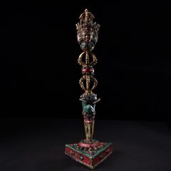 舊藏西藏收純銅藏傳工藝鑲嵌寶石彩繪描金密宗普巴金剛降魔杵法器(au41765587)_子健老貨