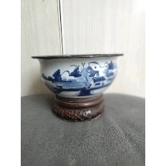 清代中期青花山水人物葵口大碗__【7788旧书网】