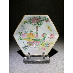 全品）晚清细路粉彩博古纹六方贡盘直径20.5cm对角22.5cm__【7788