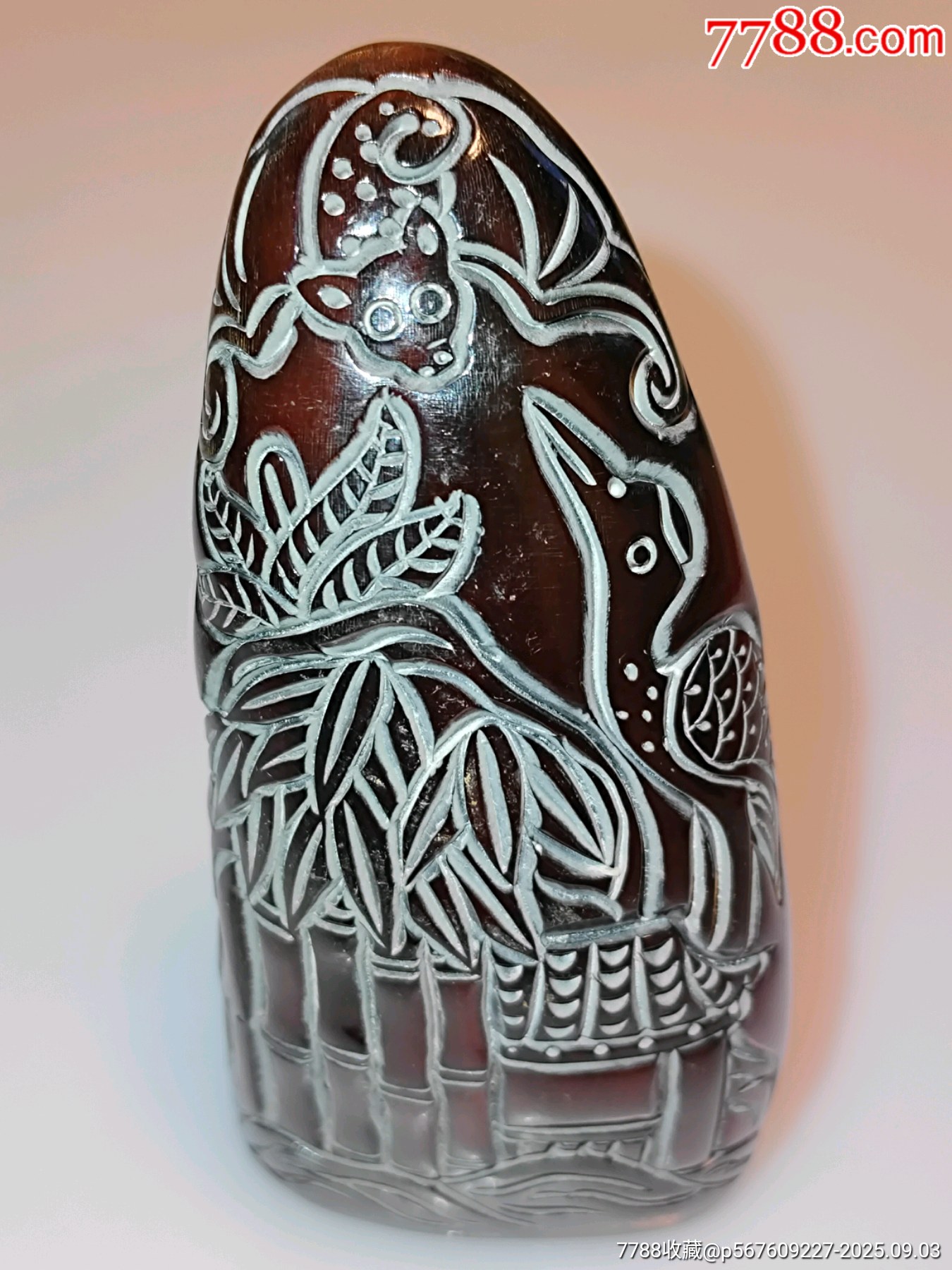 天然牛角纯手工雕刻蝙蝠与仙鹤手把件摆件__【7788旧书网】