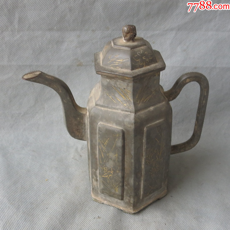 古代锡器老锡壶包老保真清代鎏金锡壶六方锡壶老锡器-锡壶/锡器