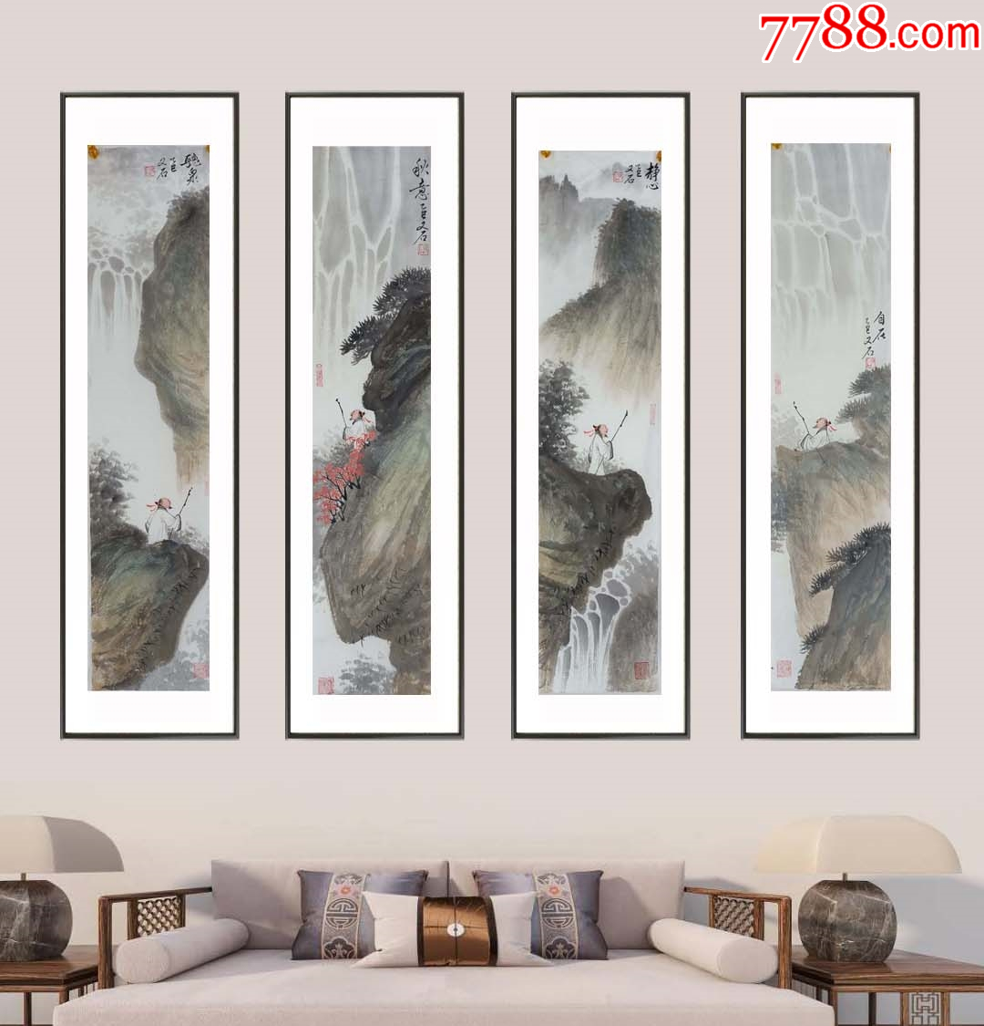 【授权拍卖】山东美协会员、实力画家费聿光精品四条屏_山水国画原作_亦风斋书画【7788收藏__收藏热线】