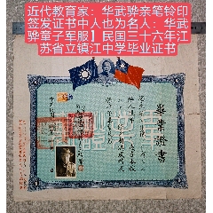 教育家：王駿聲親筆鈴印簽發(fā)【證書也為名人：華武驊穿童子軍服】民國36年江蘇省立鎮(zhèn)(zc42652905)