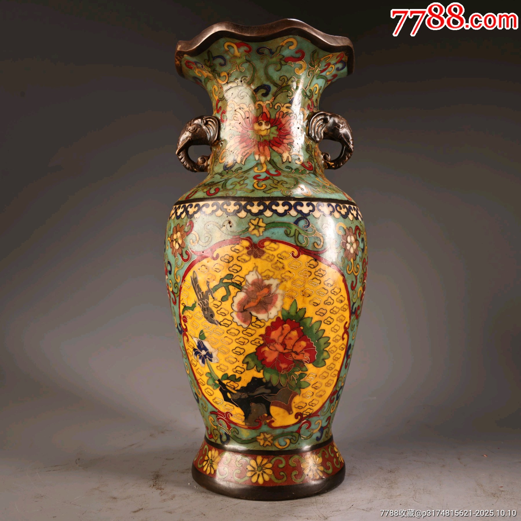 珍品旧藏收纯铜全铜高浮雕錾刻景泰蓝掐丝珐琅彩花瓶工艺精湛器形款式