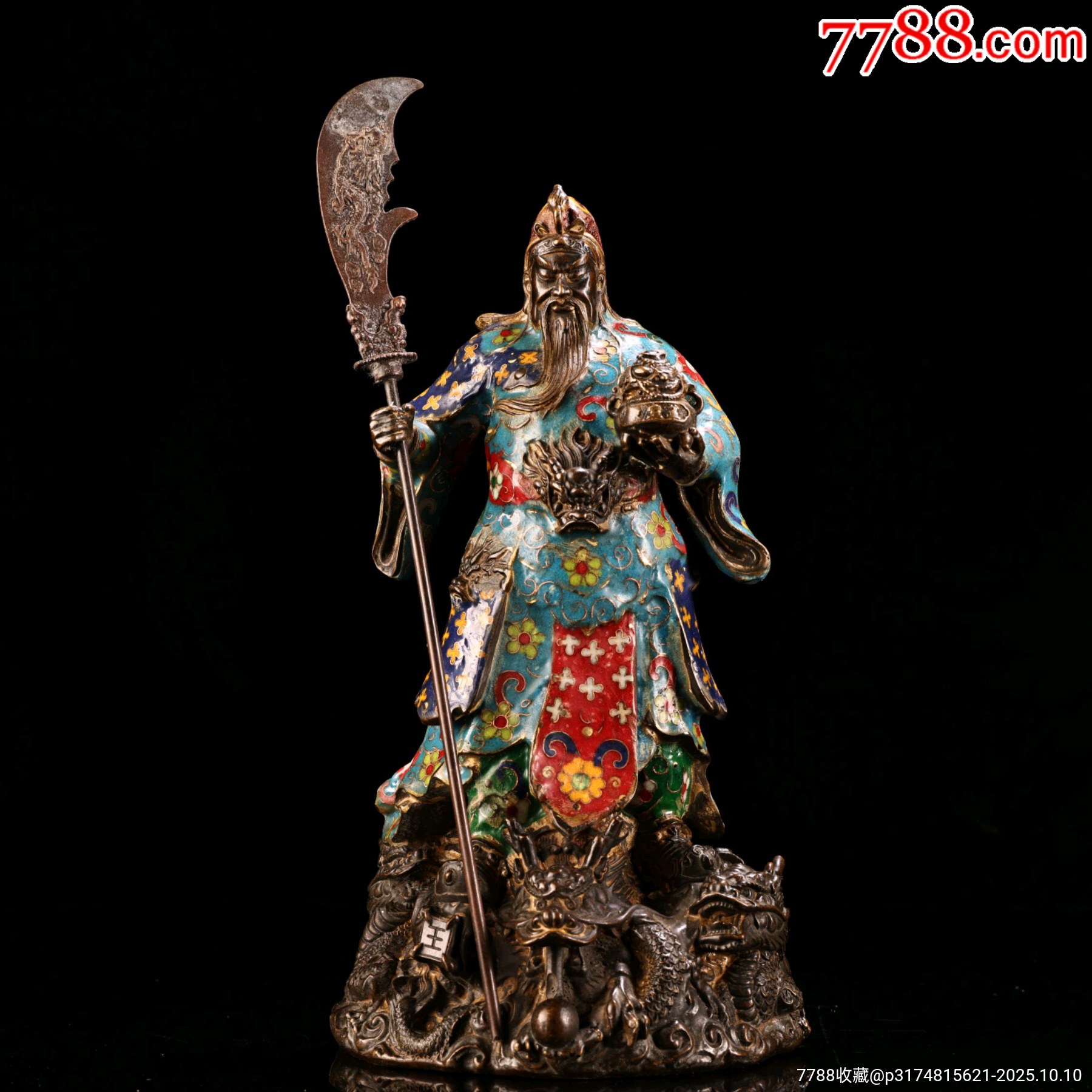 珍品旧藏收纯铜全铜高浮雕錾刻景泰蓝掐丝珐琅彩站关公像一尊工艺精湛