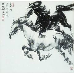 【保真拍賣】知名畫家張?zhí)煲白髌罚弘p馬圖