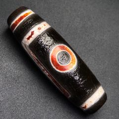 中国古美術・藏區回流・老料高油包漿・銀絲鑲嵌 六眼天珠 朱砂満点