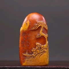 清・銭楨作款・古寿山石・田黄石彫・群龍護宝印章置物・箱