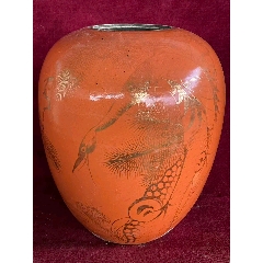 中国　清朝末期　珊瑚釉金彩双耳瓶　送料込み1122 中国 清朝末期 珊瑚釉金彩双耳瓶 送料込み1122