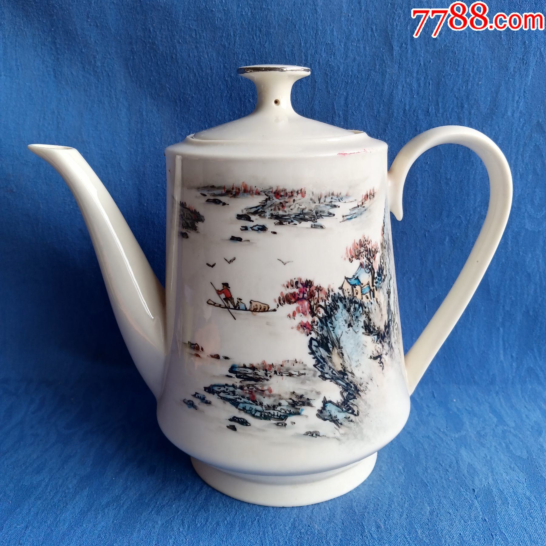 创汇80年代茶壶山东淄博工陶底款粉彩手绘山水风景图老茶具怀旧民俗老