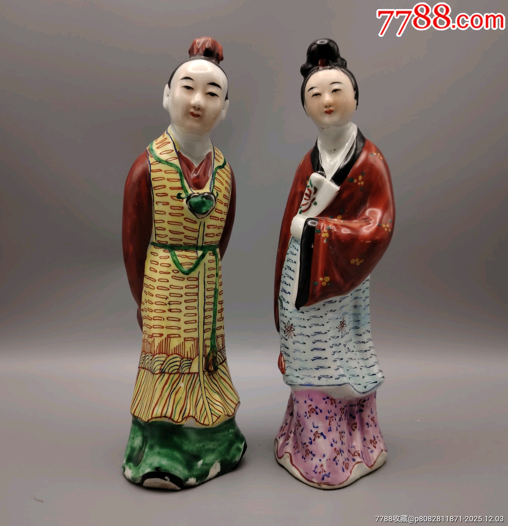 美國回流晚清民國細(xì)路粉彩林黛玉賈寶玉人物瓷塑原裝一對（孫德記造）品_價(jià)格820元_第1張_