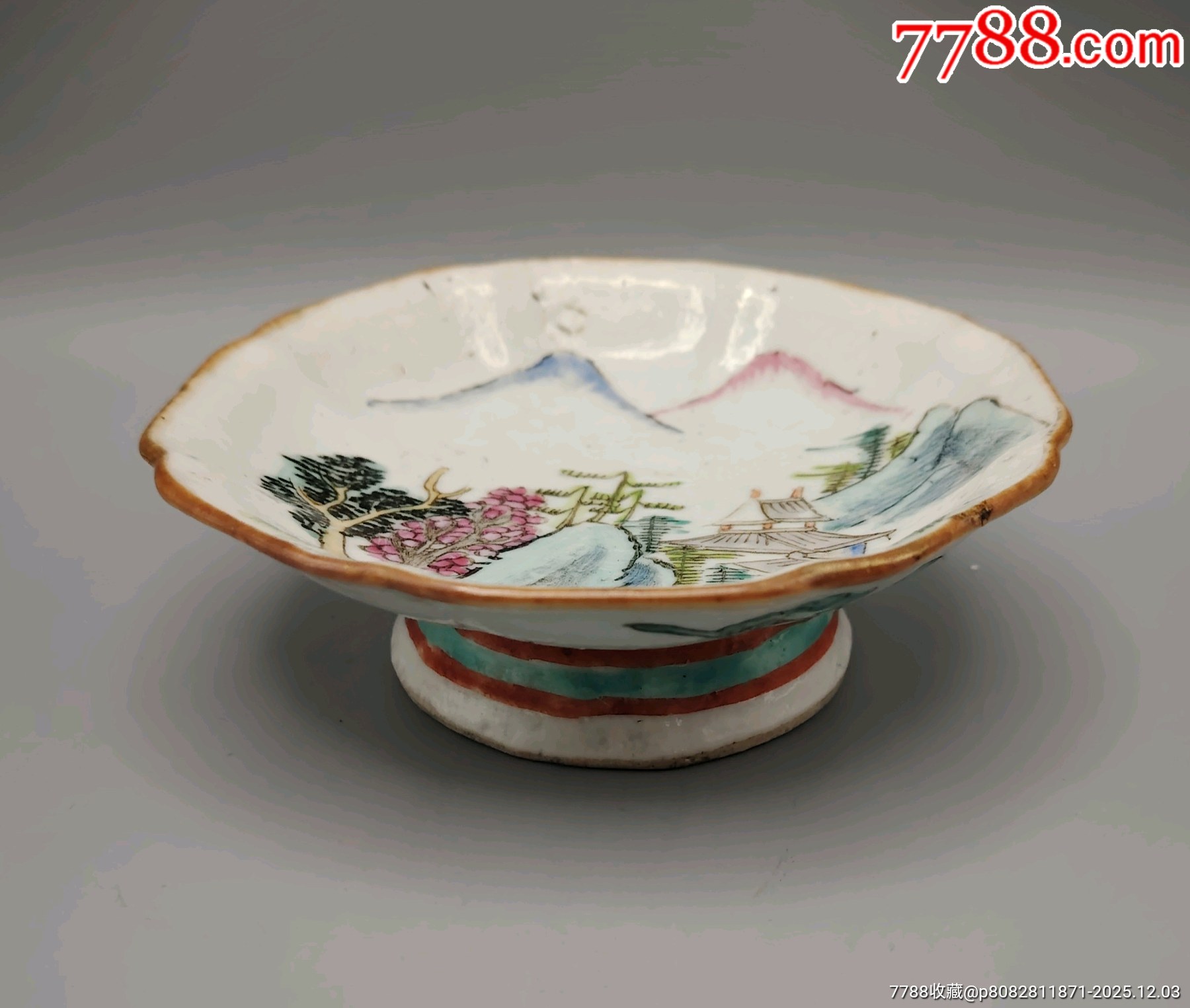 美國回流晚清同治細路粉彩山水亭臺樓閣供盤品相：口沿一條短線尺寸_價格393元_第1張_