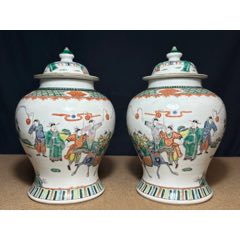 歐洲回流，清光緒五彩人物故事紋大將軍罐一對(duì)，原裝一對(duì)，尺寸大，畫工精細(xì)，器型漂亮