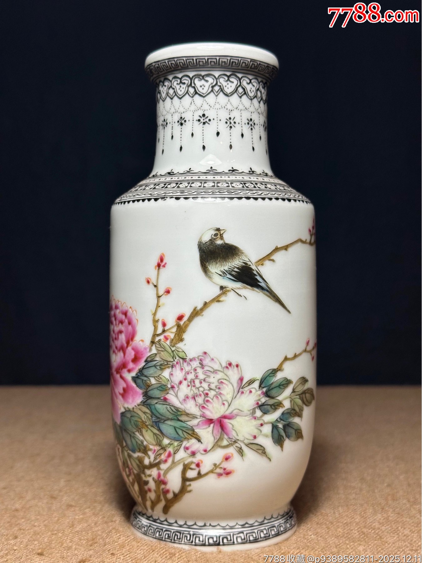 歐洲回流，五十年代解放初鄧肖禹風(fēng)格粉彩花鳥棒槌瓶，雖未落款，但繪畫風(fēng)格非常明_價格2988元_第1張_