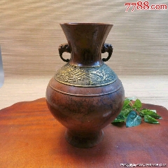 （全品）七八十年代銅制雙耳鳳紋賞瓶高26.5cm(au43271222)