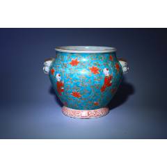 清綠地粉彩連生貴子紋獸輔首罐