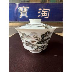 民國(guó)汪派新粉彩山水人物蓋碗