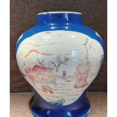 光绪洒蓝釉六面开窗麻姑献寿富贵寿考广口尊_蓝釉瓷