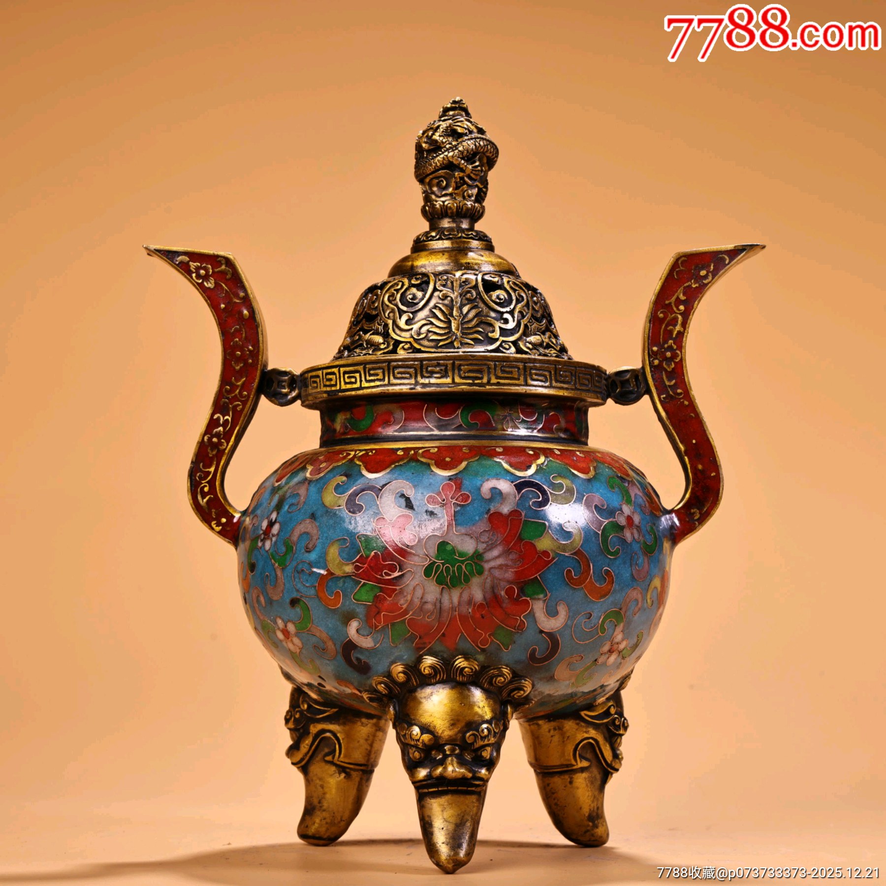 纯铜全铜高浮雕錾刻景泰蓝鎏金熏香炉工艺精湛器形款式精美重1500克高23