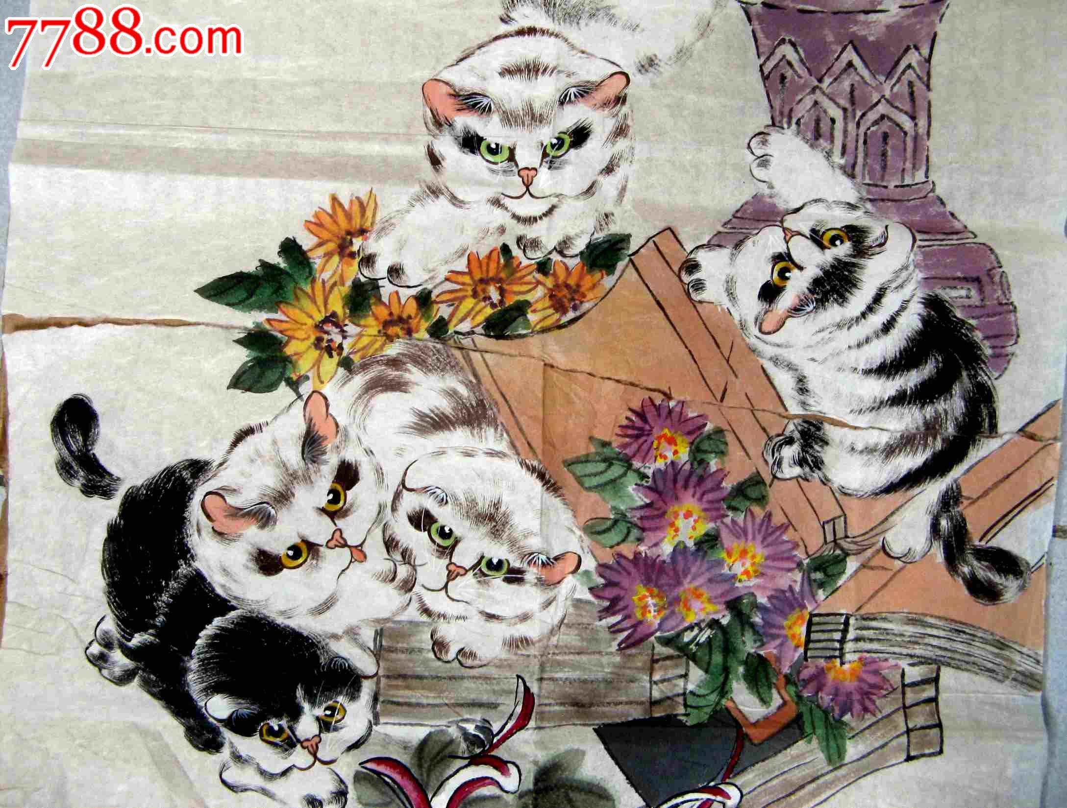 画得漂亮谐趣的小三尺条幅猫画《群猫嬉戏图》