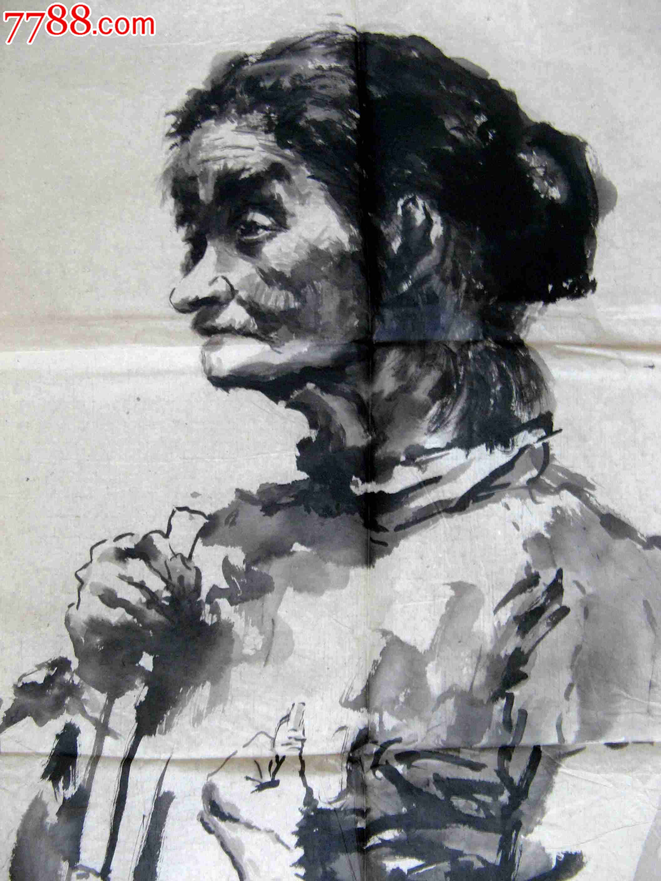 形象感人的四尺开三条幅无款人物画:白发娘亲