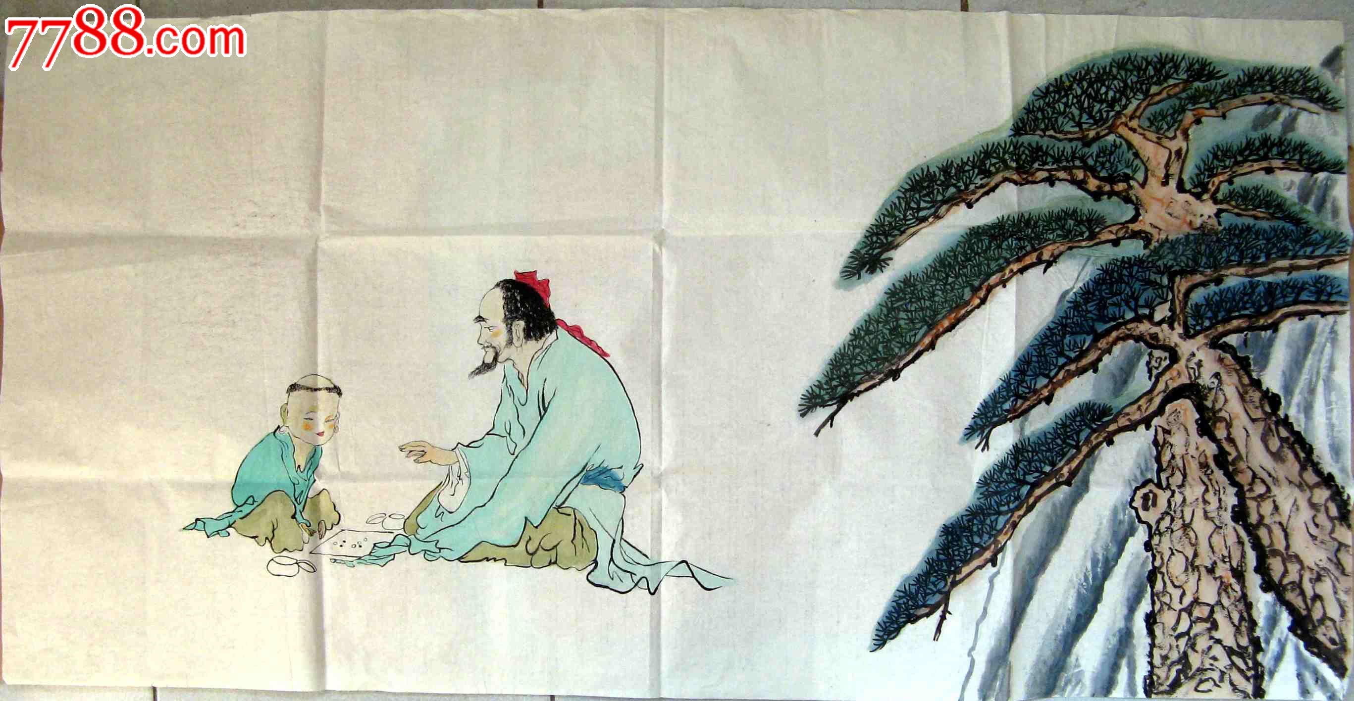 形象生动的四尺横幅无款人物画:童叟对奕图