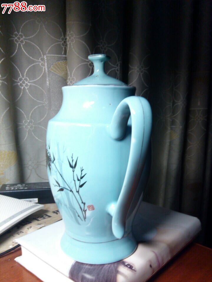 老茶壶.宣化二瓷.竹子图案.蓝色墨竹.造型考究.品相不错.陶瓷瓷器.