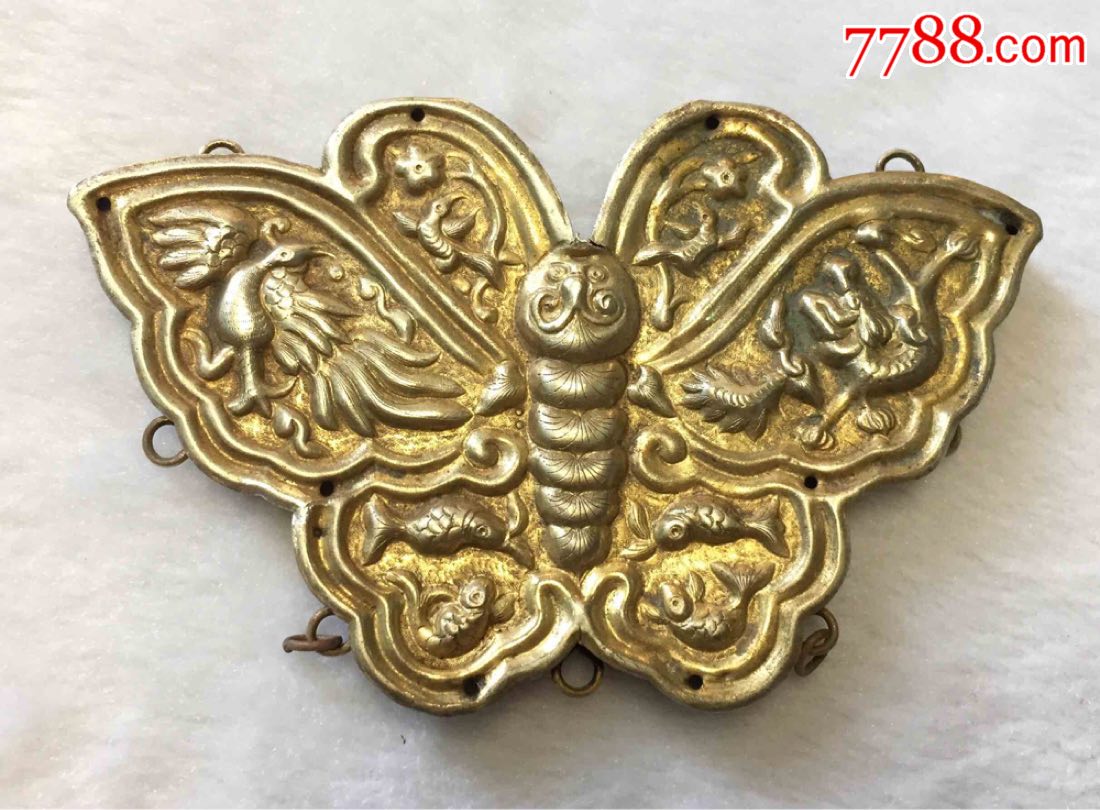 鎏金蝴蝶龙凤单面老银锁牌