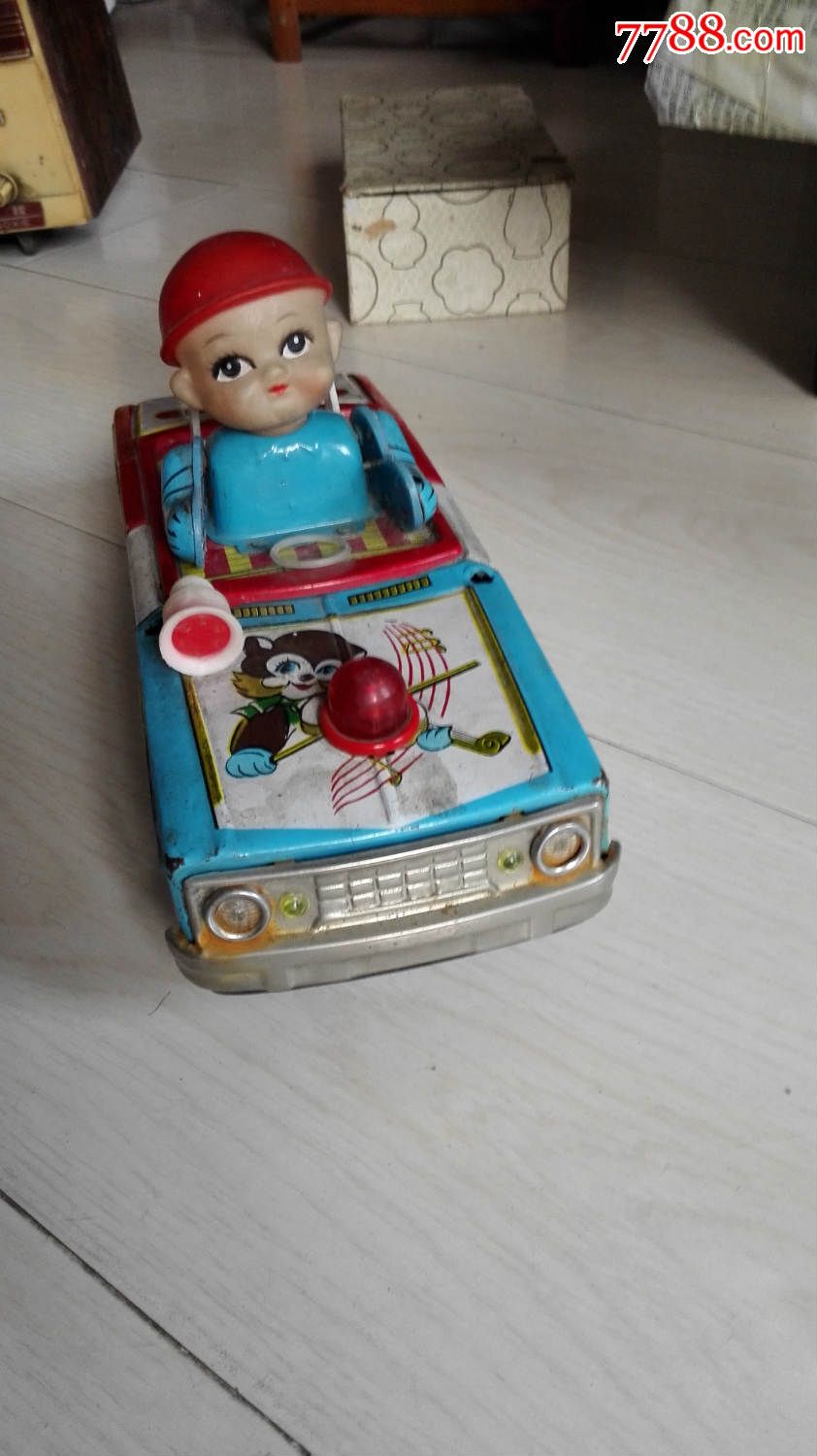 怀旧经典收藏七十年代me804蓝色铁皮胶皮脑袋小汽车玩具