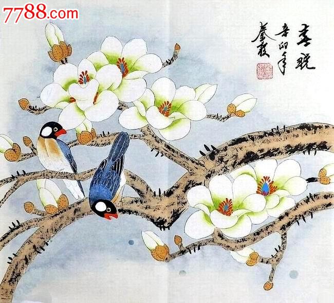 名家工笔画三尺斗方花鸟-玉兰喜鹊